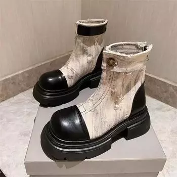 Мода 2024 года. Новые фирменные женские туфли. Ботинки на среднем каблуке. Ботинки с круглым носком и толстой подошвой. Женские джинсовые туфли с заплатками на щиколотку. Женские туфли на плоской подошве. Летний рок. 35