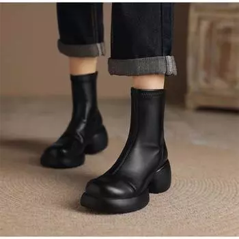 Мода 2024 года, новые французские эластичные толстые женские британские сапоги большого размера с молнией сзади на высоком каблуке, узкие короткие сапоги 35 бежевый