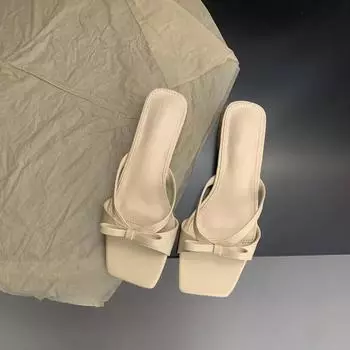 Мода 2024 года, новые интернет-знаменитости, тапочки на низком каблуке для женской верхней одежды, летняя корейская версия, минималистичные тапочки с квадратным носком 35 белый