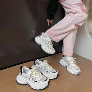 Мода 2024 года, новые качественные женские кроссовки на платформе, массивные женские повседневные туфли для папы, женская мода, спортивные сетчатые кружевные туфли Zapatillas De Mujer 35 чёрный