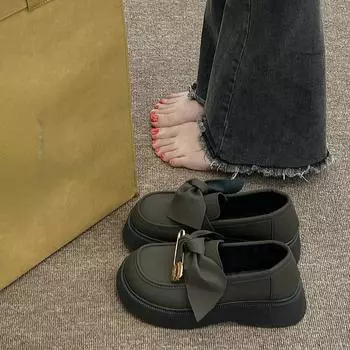 Мода 2024 года, новые кожаные туфли в британском стиле для женщин, туфли Мэри Джейн на толстой подошве, туфли на платформе с бантом, Zapatos De Mujer 35 темно-серого
