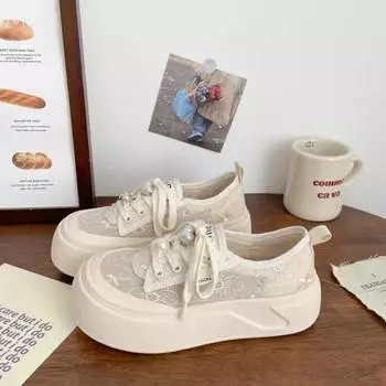 Мода 2024 года, новые кроссовки для женщин, дышащая вулканизированная обувь, бежевая круглая платформа, повседневная спортивная обувь, студенческие милые туфли на плоской подошве для тенниса 35 бежевый