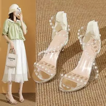 Мода 2024 года, новые летние босоножки на высоком каблуке, женские туфли на шпильках с жемчужным ремешком, прозрачные туфли с открытым носком на высоком каблуке 34