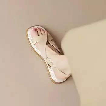 Мода 2024 года, новые летние сандалии для женщин с круглым носком и низким каблуком, модная обувь для женщин, однотонные простые сандалии для женщин 35 абрикосовый