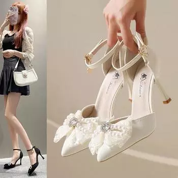 Мода 2024 года, новые летние сандалии с бантом, женские, с острым тонким каблуком, пряжкой, в стиле феи, высокие каблуки, размер плюс 40 34 белый
