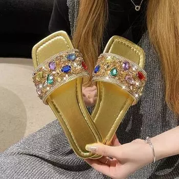 Мода 2024 года, новые летние тапочки с квадратным носком и плоским дном, прямые линии, цветные водные бриллиантовые драгоценные камни, большие модные тапочки для женщин 35