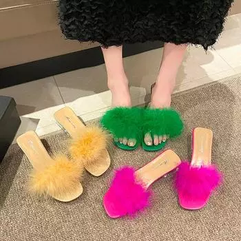 Мода 2024 года, новые летние тапочки с квадратным носком и неглубоким носком, квадратные тапочки с дырками, уличные сексуальные элегантные модные однотонные женские сандалии 35 зелёный