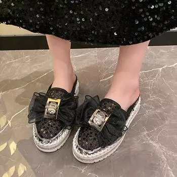 Мода 2024 года, новые летние туфли на плоской платформе с бабочкой и кристаллами, женские шикарные туфли, дышащие сетчатые шлепанцы, размер 35-40 35 чёрный