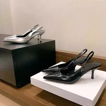 Мода 2024 года, новые летние женские сандалии, модные простые однотонные босоножки на шпильках, женственные сандалии с острым носком для вечеринок, женские босоножки на высоком каблуке 35 чёрный