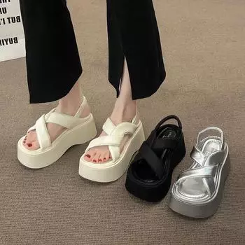 мода 2024 года, новые летние женские сандалии на платформе с плоскими каблуками, модные женские сандалии с открытым носком в стиле ретро с платьем 35 бежевый