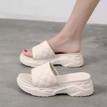 Мода 2024 года Новые летние женские тапочки Босоножки на платформе Женская обувь Сандалии на высоком каблуке Шлепанцы Chaussures Femme Sandalia Feminina 35 бежевый