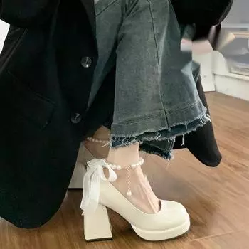 Мода 2024 года, новые летние женские туфли на каблуке Мэри Джейн, ретро-женские туфли с ремешком на щиколотке и бантом, туфли на высоком каблуке и платформе Fairy Wind 34