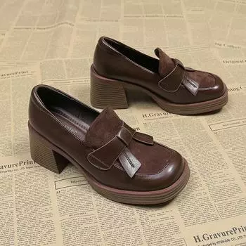 Мода 2024 года Новые лоферы из массивной кожи на высоком каблуке, коричневые туфли-лодочки, роскошные женские туфли на каблуке и платформе в британском стиле, большие размеры 40 35