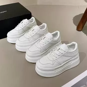 Мода 2024 года, новые маленькие белые туфли, женские туфли из натуральной кожи на толстой подошве, популярные повседневные женские туфли для маленьких и высоких женщин 35 белый