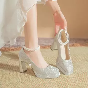 Мода 2024 года, новые милые женские туфли-лодочки с бусинами, элегантные простые свадебные туфли для невесты, удобные туфли на квадратном каблуке и платформе с высокими каблуками 35 серебряный