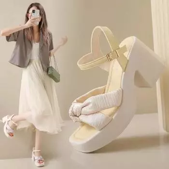 мода 2024 года, новые модные летние босоножки с открытым круглым носком и пряжкой снизу, повседневные, на толстом высоком каблуке, большие женские сандалии 35-41 35 грязно-белый