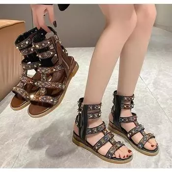 Мода 2024 года, новые модные летние туфли для женщин, римские сандалии с открытым носком и заклепками на плоской подошве, женские сандалии на открытом воздухе с тотемом и молнией, повседневные женские сандалии 35 красно-желтовато-коричневый