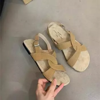 Мода 2024 года, новые модные однотонные универсальные женские туфли с открытым носком, летние повседневные женские туфли с пряжкой Sandalias De Mujer 35 хаки