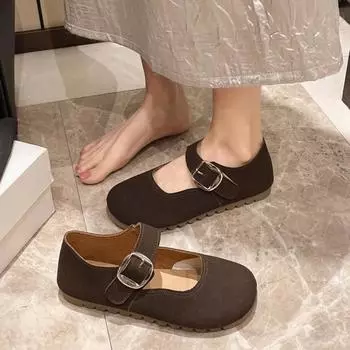Мода 2024 года, новые модные однотонные универсальные женские туфли с неглубоким носком, однотонные, удобные, с плоским дном, с однострочным ремешком-пряжкой 35 бежевый