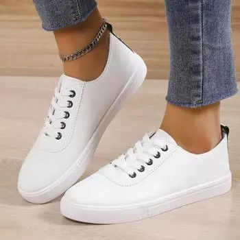 Мода 2024 года, новые модные однотонные женские спортивные туфли с круглым носком, удобная верхняя одежда, универсальные женские туфли на плоской подошве с мелким кружевом 35 белый