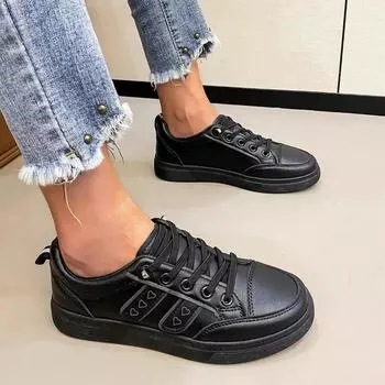 Мода 2024 года, новые модные однотонные женские спортивные туфли на неглубокой шнуровке, удобные, с круглым носком, с плоским дном, универсальные женские туфли 35 чёрный