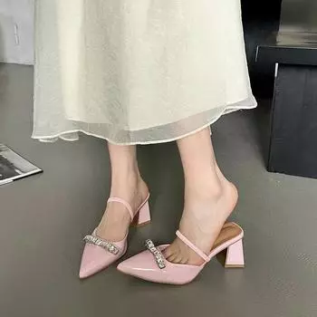 Мода 2024 года, новые модные однотонные женские тапочки с острым носком, темпераментные женские тапочки на квадратном каблуке, удобные для ношения на улице 35 розовый