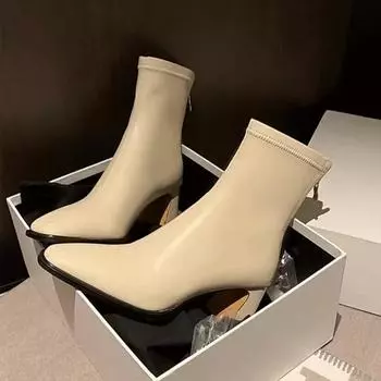 Мода 2024 года, новые модные однотонные женские ботинки с круглым носком, на шнуровке, на толстом каблуке, с молнией сзади, модные ботинки, повседневные, Zapatos De Mujer 35 бежевый