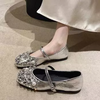 Мода 2024 года, новые модные резиновые туфли на плоской подошве, однотонные женские туфли без застежек, низкие, новый стиль, квадратные, со стразами, Рим 35 чёрный