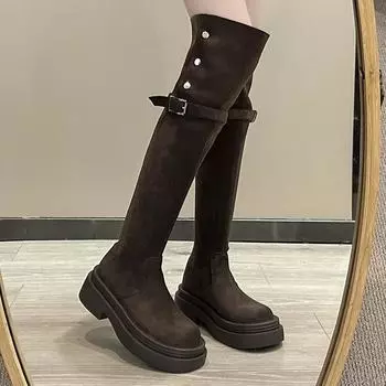 Мода 2024 года. Новые модные сексуальные замшевые ботинки челси на среднем каблуке до колена. Зимняя новая дизайнерская обувь класса люкс. 35 чёрный