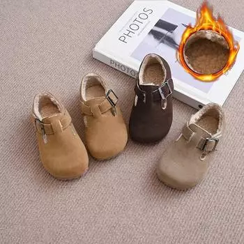 Мода 2024 года, новые модные туфли для мальчиков и девочек в стиле ретро из хлопка, зимние толстые плюшевые теплые детские ботинки, осенние простые универсальные детские туфли на плоской подошве 25 коричневый