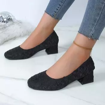 Мода 2024 года, новые модные туфли на высоком каблуке, женские туфли на квадратном каблуке с круглым носком, однотонные туфли на высоком каблуке 35 чёрный