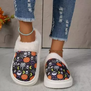 Мода 2024 года. Новые модные туфли с рисунком тыквенного черепа и принтом. Удобная домашняя хлопковая обувь. 36-37 чёрный