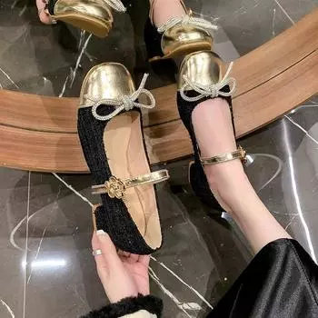 Мода 2024 года, новые модные универсальные женские туфли с толстым каблуком, квадратным носком, украшением в виде банта, цветным украшением в виде пряжки, Zapatos Mujer 35 чёрный