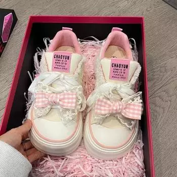 Мода 2024 года, новые модные универсальные парусиновые туфли для женщин, спортивная обувь на толстой подошве, новые повседневные туфли для женщин, белые туфли на шнуровке 35