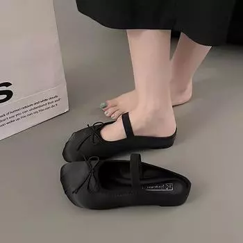 Мода 2024 года. Новые модные универсальные женские тапочки на плоской подошве с бантом. Весна и осень. Замшевые женские туфли на шнуровке. 35 чёрный
