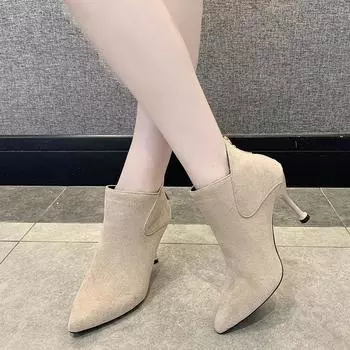 Мода 2024 года, новые модные универсальные короткие сапоги для женщин, весна-осень, с острым носком, на шпильке, удобные, с молнией сзади, телесного цвета 35 чёрный
