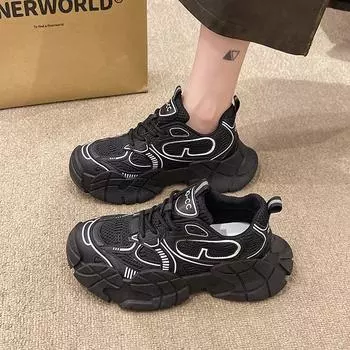 Мода 2024 года. Новые модные женские кроссовки на толстой подошве со шнуровкой, удобные сетчатые дышащие нескользящие спортивные туфли 35 чёрный