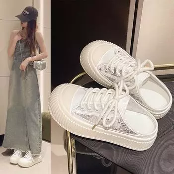 Мода 2024 года, новые модные женские полутапочки, летняя толстая подошва, модная кожа, популярная женская спортивная обувь 35