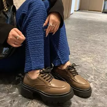 Мода 2024 года. Новые модные женские повседневные туфли на шнуровке, однотонные, дышащие, на толстой подошве, на высоком каблуке, с низким верхом. 34