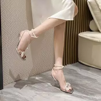 Мода 2024 года. Новые модные женские туфли на высоком каблуке с ремешками и жемчужным бантом. Изысканные однотонные женские босоножки из микрофибры. 34