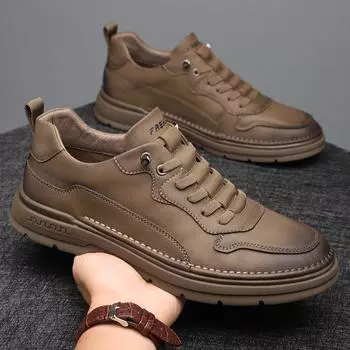 Мода 2024 года, новые мужские повседневные кожаные туфли на плоской подошве в британском стиле, классические туфли-оксфорды на шнуровке, нескользящие прогулочные туфли с толстой подошвой 38 чёрный