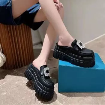Мода 2024 года, новые однотонные летние полутапочки с увеличенным кристаллом, модные универсальные полутапочки, женская обувь на толстой подошве и высоком каблуке 34 чёрный