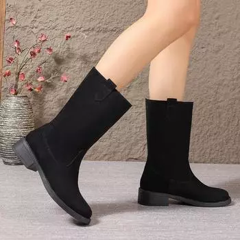 Мода 2024 года, новые осенне-зимние модные женские сапоги, замшевые теплые высокие модные сапоги, женские однотонные сапоги на толстом каблуке с рукавами 35 хаки
