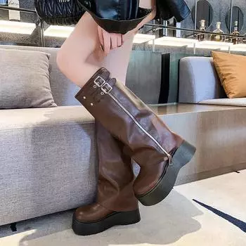 Мода 2024 года, новые осенне-зимние универсальные женские сапоги на плоской подошве, высококачественные женские сапоги для езды, повседневные сапоги до колена 34