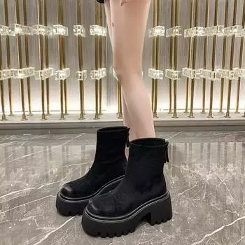 Мода 2024 года, новые осенне-зимние женские туфли из натуральной замши на толстой подошве, рыцарские сапоги с вшитой молнией, фирменная обувь 35 чёрный