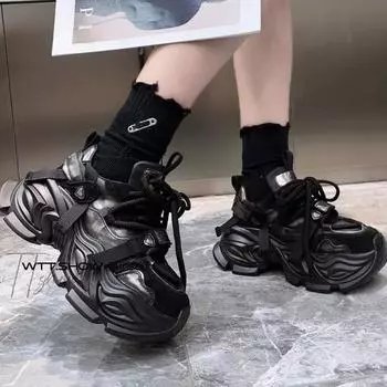 Мода 2024 года, новые осенне-зимние женские спортивные туфли на толстой подошве, повседневные женские спортивные туфли на шнуровке в готическом стиле на высоком каблуке 35