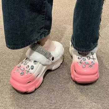 Мода 2024 года, новые осенне-зимние женские повседневные и удобные однотонные плюшевые тапочки из хлопка со стразами и металлическими декоративными элементами 36-37 черный белый