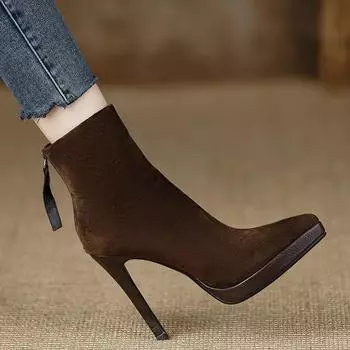 Мода 2024 года, новые осенне-зимние женские ботильоны, кожаные ботинки на молнии сзади, тонкие высокие каблуки, женские сексуальные черные короткие ботинки 34 чёрный