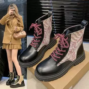 Мода 2024 года, новые осенние ботинки на толстой подошве для женщин, модные, с круглым носком, с принтом, со строчкой спереди, со шнуровкой, удобные короткие ботинки 35 розовый