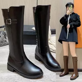 Мода 2024 года, новые осенние модные женские высокие сапоги в стиле ретро с металлической пряжкой 35 чёрный